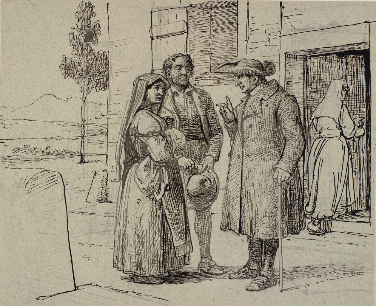 Do lado de fora de uma casa, um padre exorta um jovem casal de Wilhelm Marstrand