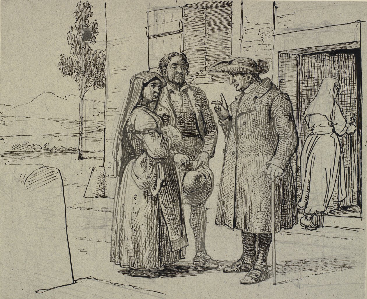 Do lado de fora de uma casa, um padre exorta um jovem casal de Wilhelm Marstrand