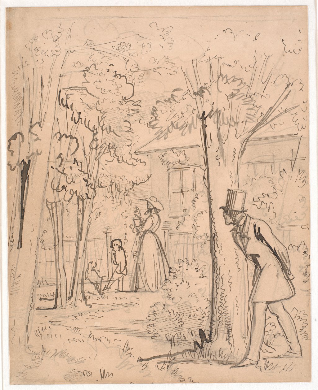 Jovem observa os movimentos de sua amada no jardim (à espreita) de Wilhelm Marstrand