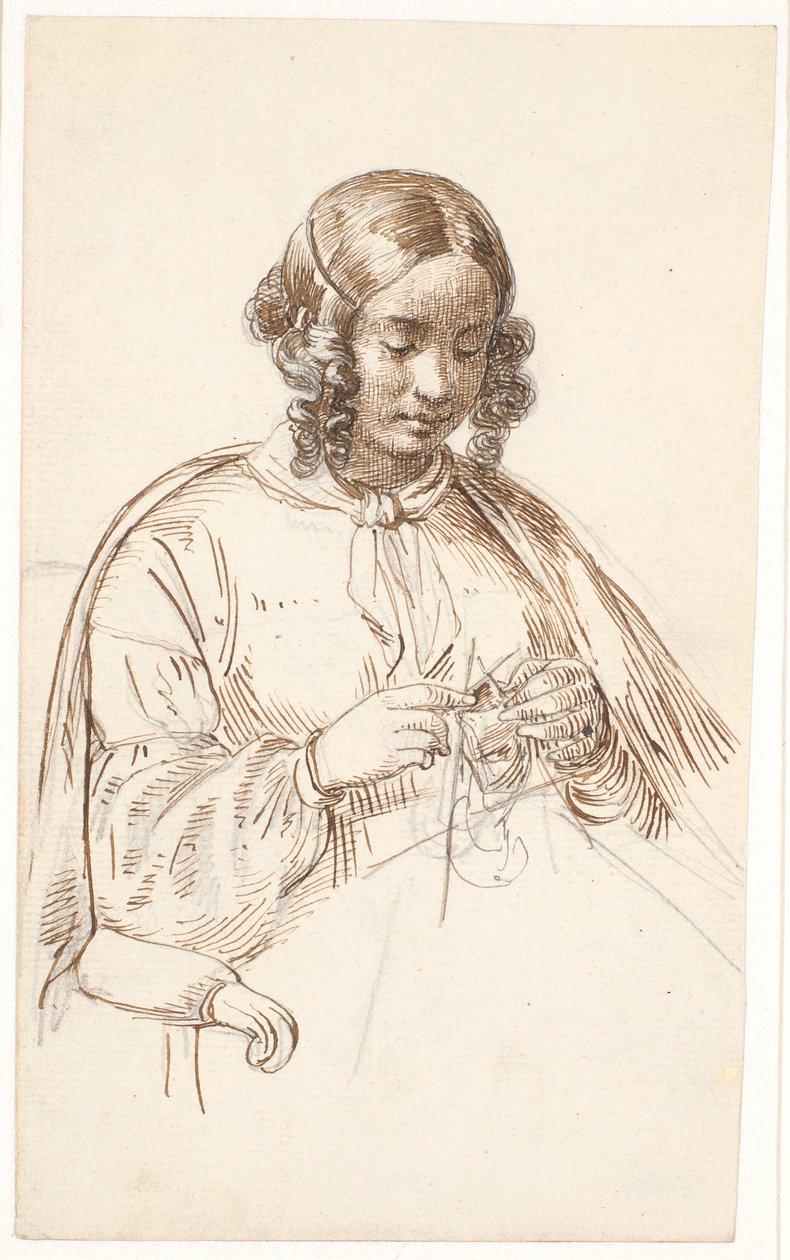 Jovem senhora de tricô, meia figura de Wilhelm Marstrand