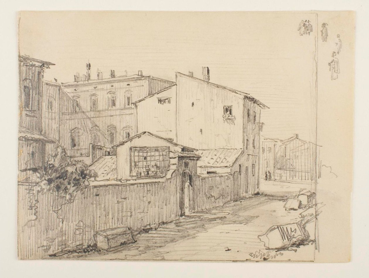 Vicolo delle Colonette di Barberini e os pequenos ateliers de Thorvaldsen em frente do Palazzo Barberini de Wilhelm Marstrand