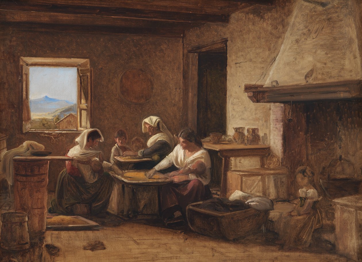 Mulheres trabalhando na cozinha de uma fazenda perto de Olevano, Itália de Wilhelm Marstrand