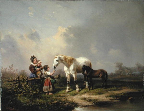 Alimentar a Égua e o Potros (óleo sobre tela) de Wilhelm Meyerheim