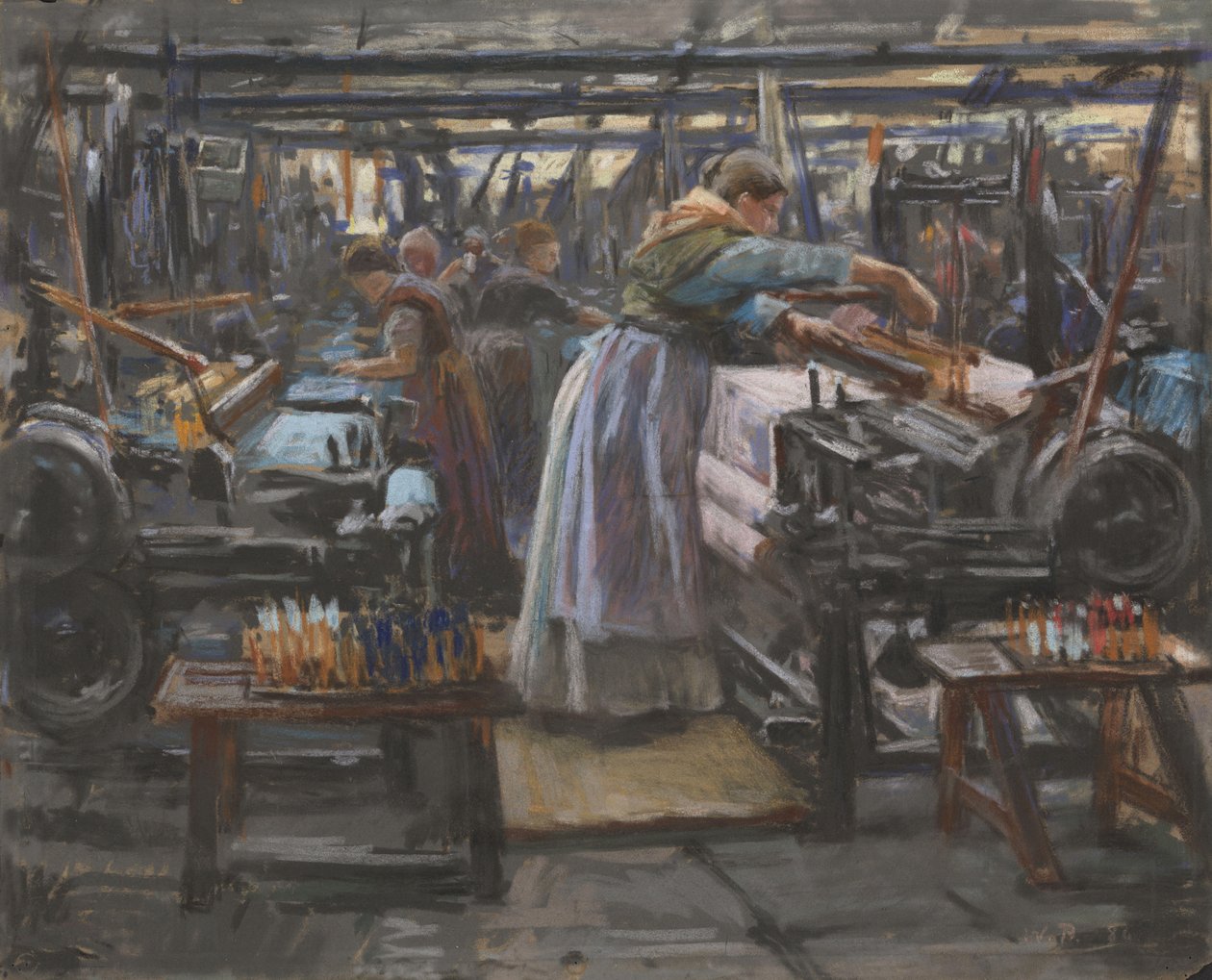 Interior da fábrica de tecelagem Hjula de Wilhelm Peters