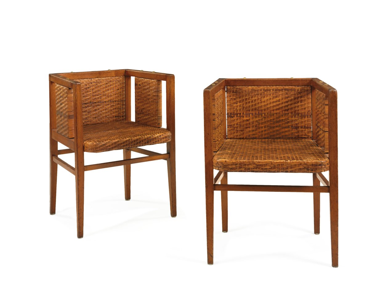 Par de poltronas, c.1902 (carvalho e rattan) de Wilhelm Schmidt