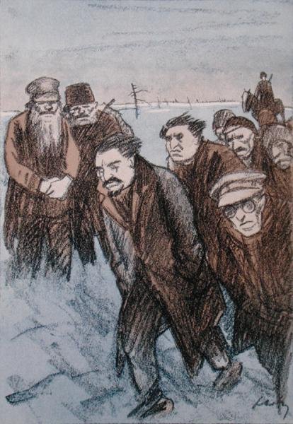 Caricatura de Leon Trotsky (1879-1940) na Sibéria, da revista 