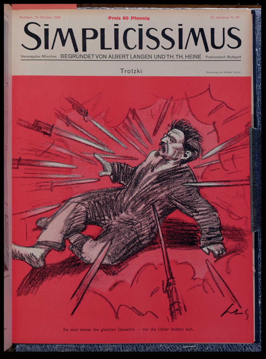Caricatura de Leon Trotsky (1879-1940) sob ataque, da revista "Simplicisissimus", Outubro de 1928 (cor litho) de Wilhelm Schulz