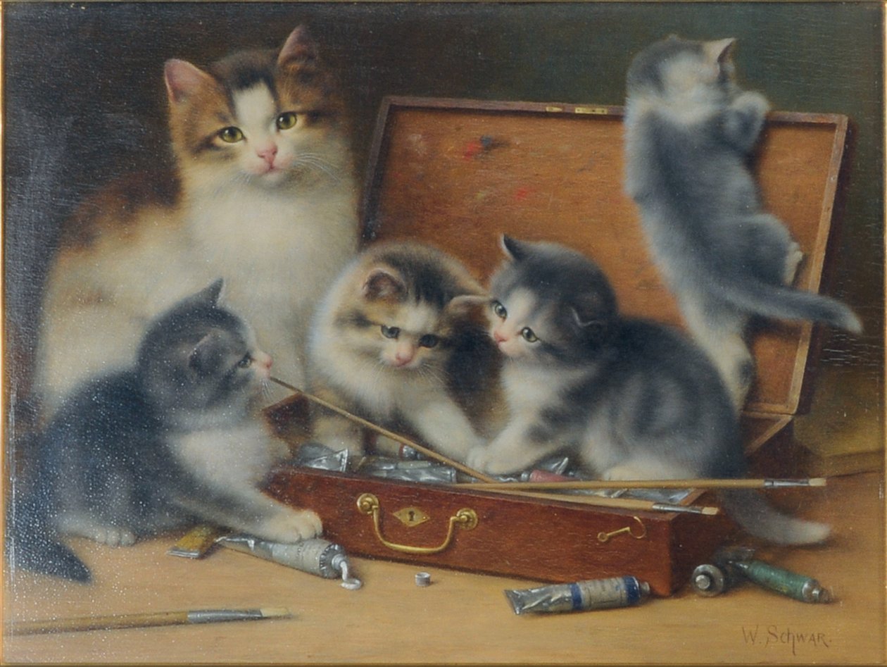 Mãe Gata e seus gatinhos brincando em uma caixa de tinta (óleo no painel) de Wilhelm Schwar