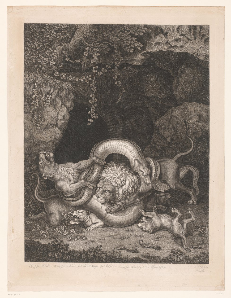 Leão e leoa protegem os filhotes de uma cobra de Wilhelm Tischbein