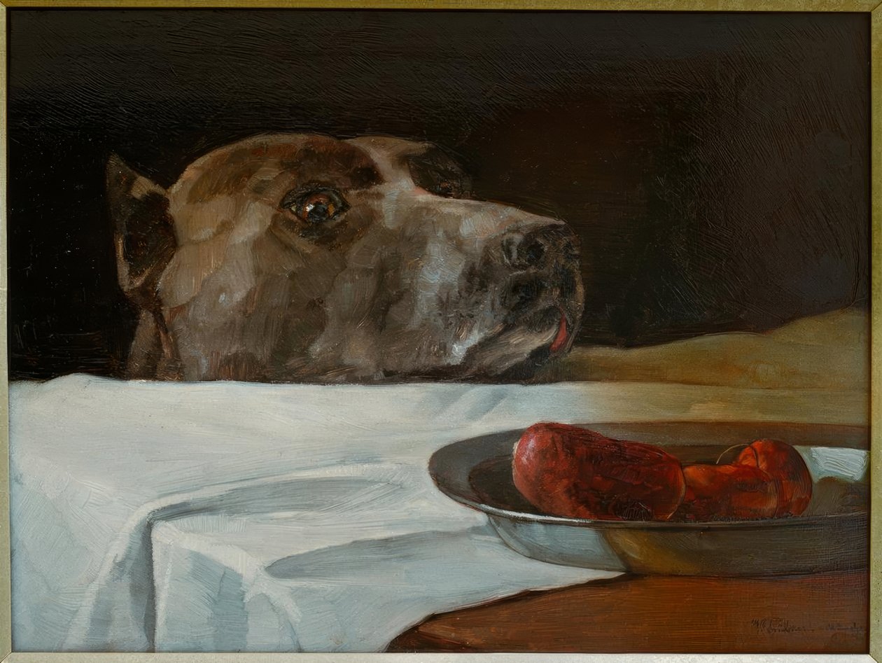 Dogue alemão com tigela de salsicha de Wilhelm Trübner