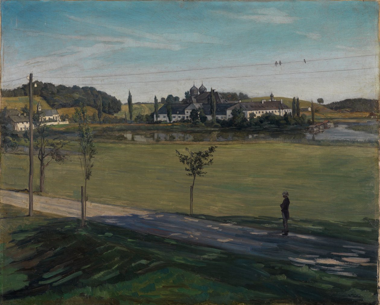 Paisagem perto do mosteiro de Seeon com poste telegráfico de Wilhelm Trübner