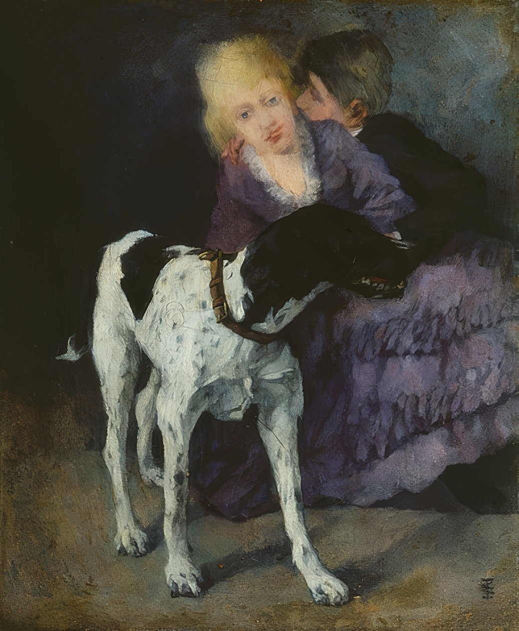 Casal apaixonado com um cachorro. 1873 de Wilhelm Trübner