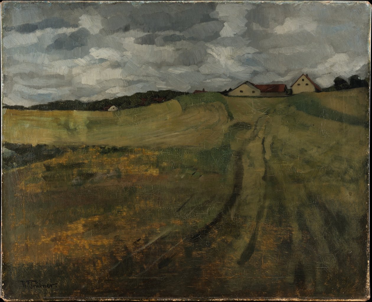 Campo de restolho com caminho ascendente perto de Weßling de Wilhelm Trübner