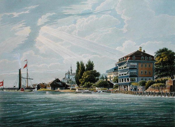 Bellevue Hotel and Pension on the Lac de Thoune, gravado por Bodmer (cor litho) de Wilhelm Ulrich Oppermann