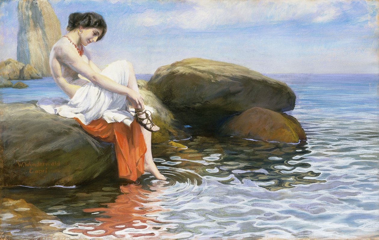 Preparando-se para tomar banho (pastel sobre papel) de Wilhelm Wunderwald