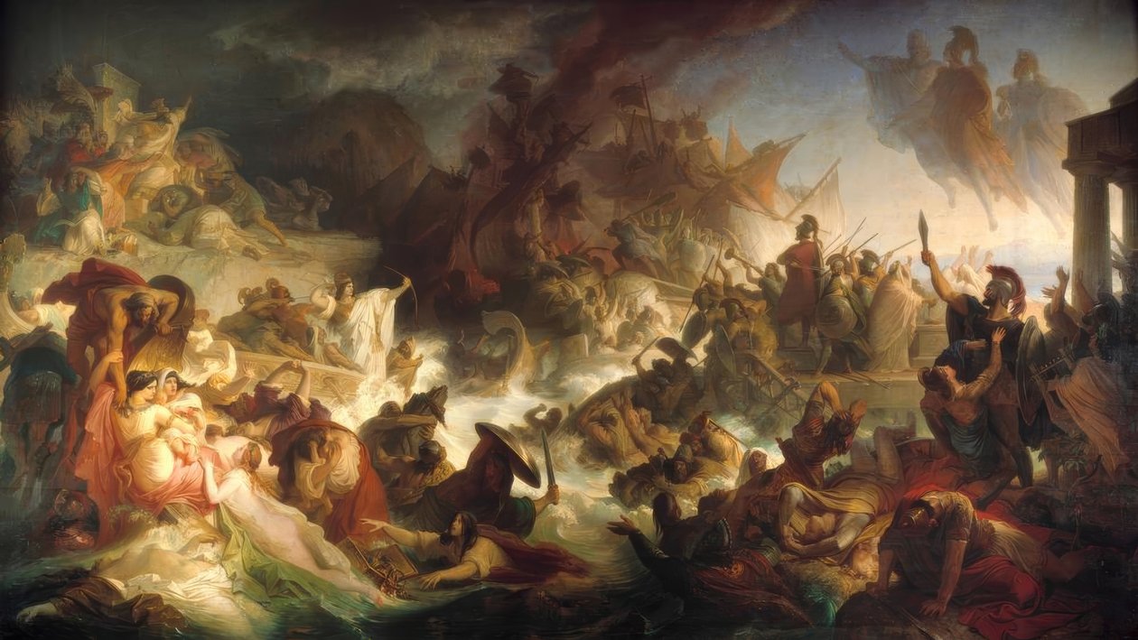 A batalha naval em Salamis 480 v. Chr. Chr. de Wilhelm von Kaulbach