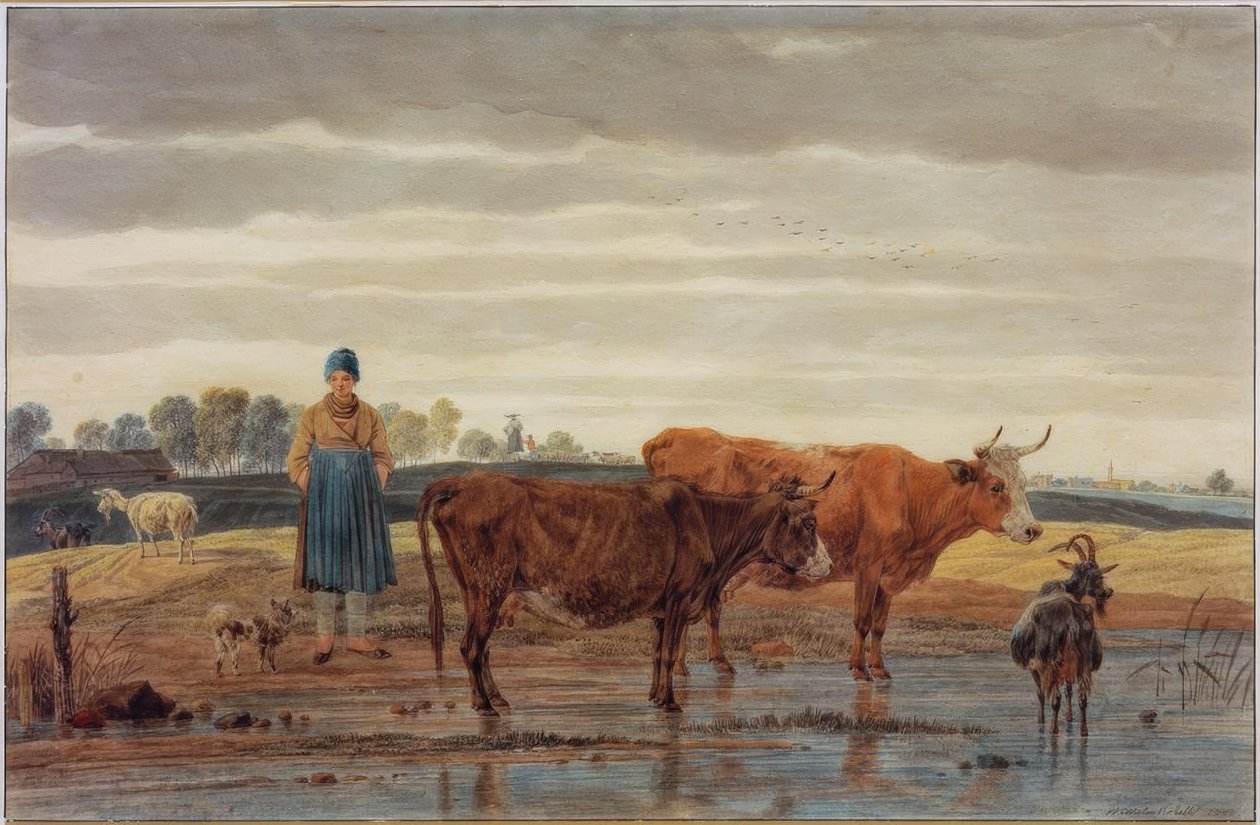 Agricultor com gado pastando pela água de Wilhelm von Kobell