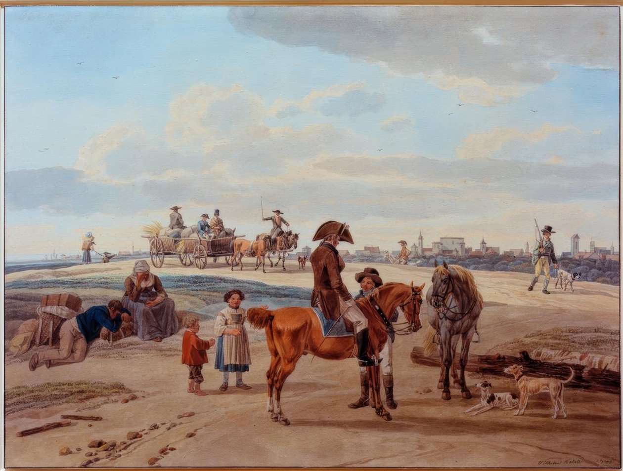 Cavaleiros, agricultores e carroça na frente de uma cidade de Wilhelm von Kobell