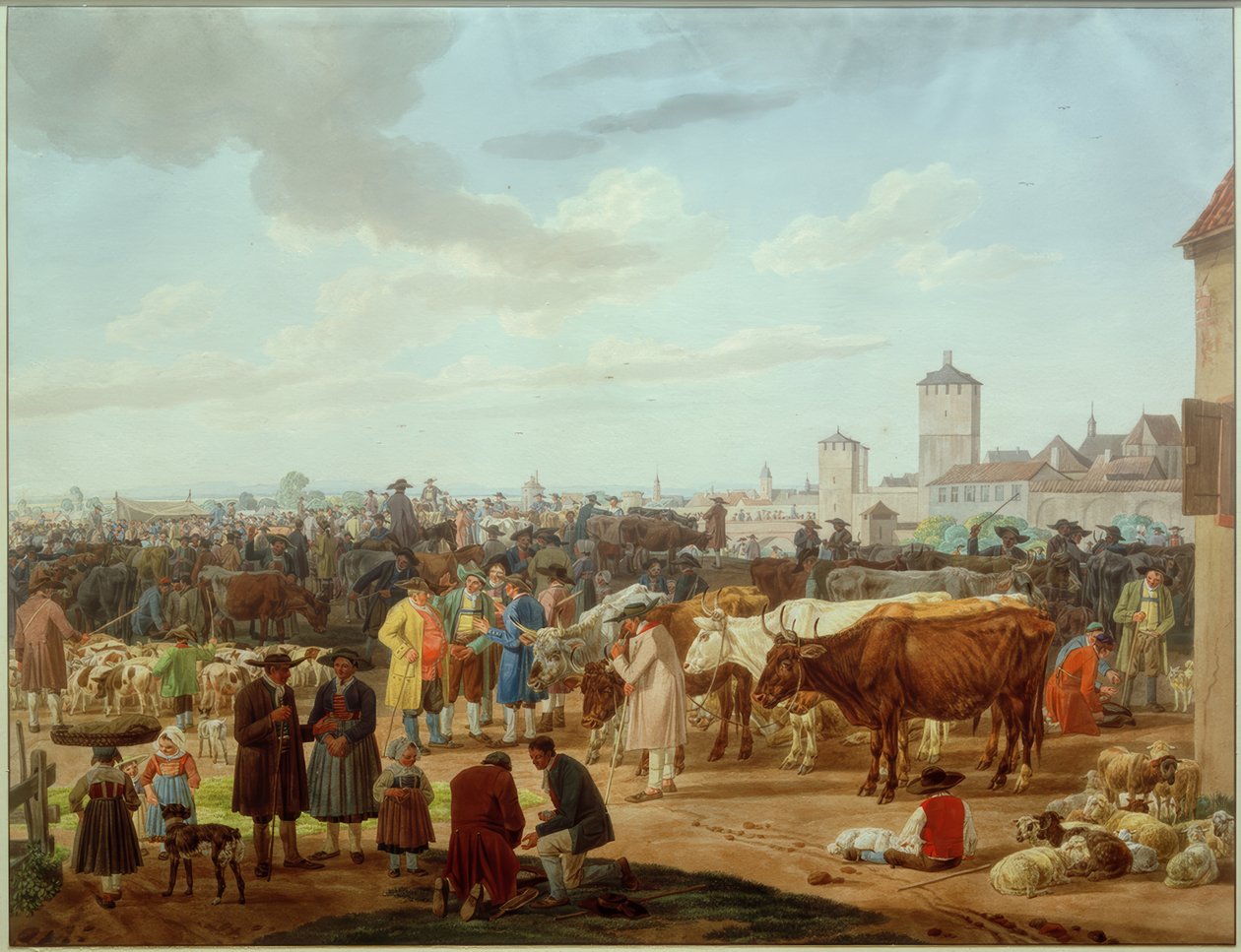 Mercado de gado à beira de uma cidade de Wilhelm von Kobell