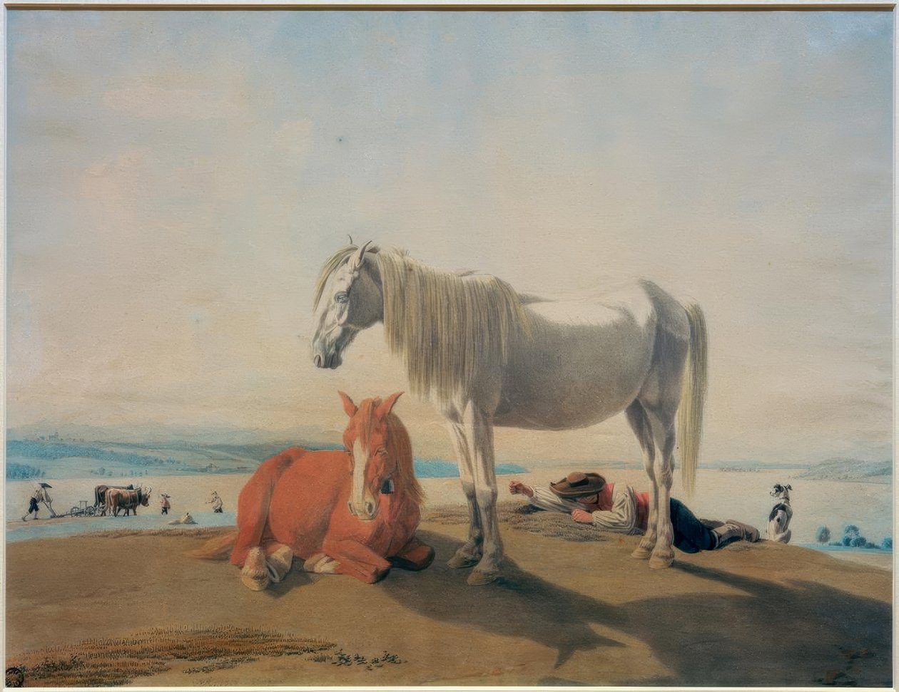 Cavalos pastando no lago Starnberg de Wilhelm von Kobell