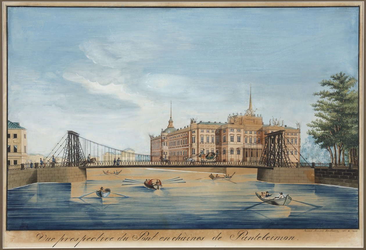 Vista da Ponte Chain Panteleimonovsky e do Castelo Mikhailovsky (chateau saint Michel ou chateau des ingenieurs) do outro lado da Fontanka em São Petersburgo - Wilhelm von Traitteur (1788-1859). Caneta, pincel, aquarela, tinta e cor branca sobre papel de Wilhelm von Traitteur