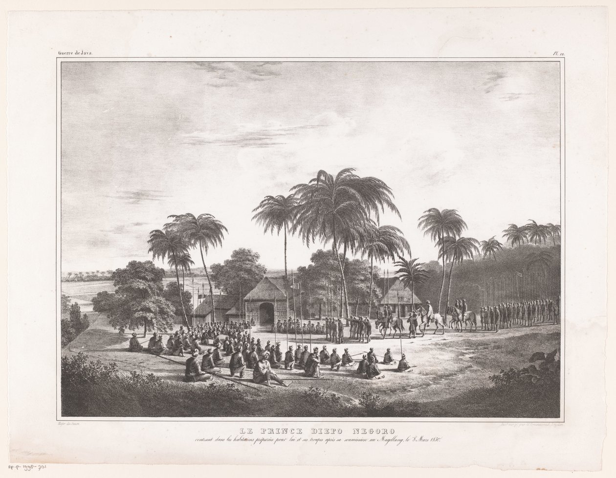 Aankomst van Prins Diepo Black in MagelangO Príncipe Diepo Black (título sobre o objecto)Atlas Memórias sobre a Guerra de Java 1825 a 1830 (título da série) de Wilhelmus van Groenewoud