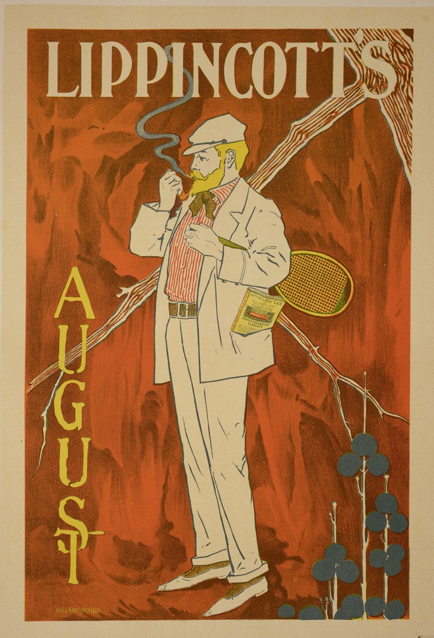 Reprodução de um cartaz anunciando a edição de agosto da &39;Lippincott&39;s Magazine&39; de Will Carqueville