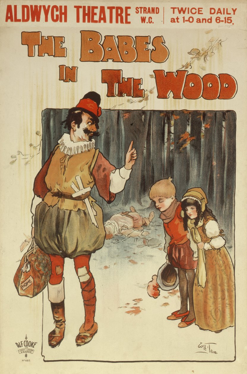 Cartaz publicitário de uma performance de The Babes in the Wood no Teatro Aldwych de Will True