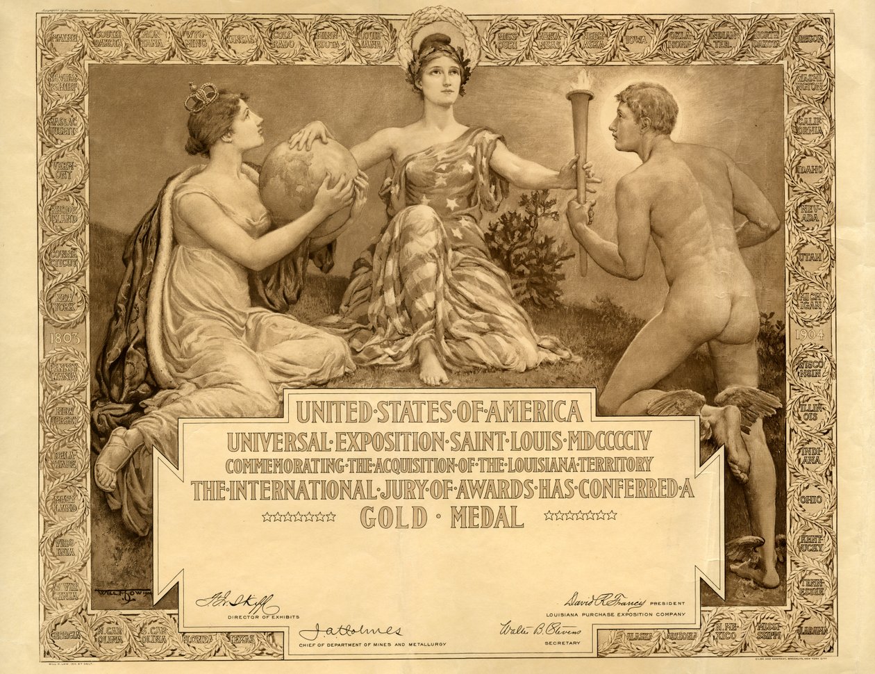 Louisiana Exposição de compra certificado de medalha de ouro em branco, 1904 de Will H. Low