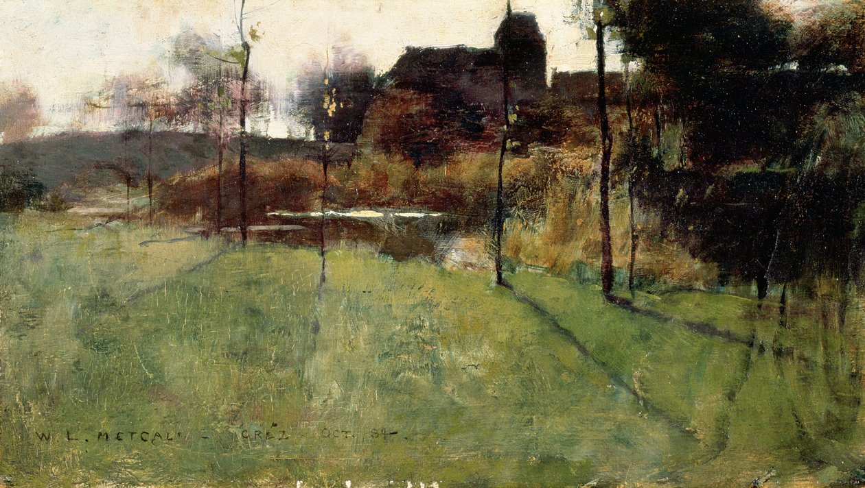 Tarde à beira do rio em Grez, 1884 (óleo sem painel) de Willard Leroy Metcalf