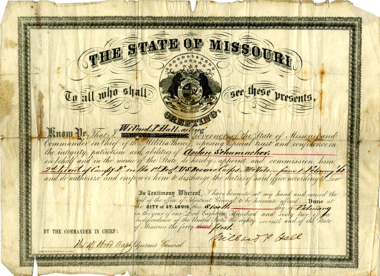 Comissão militar de Anton Schumacher como 2º Tenente da Companhia F no 1º Regimento USRC, Missouri Volunteers, 6 de fevereiro de 1862 de Willard P. Hall
