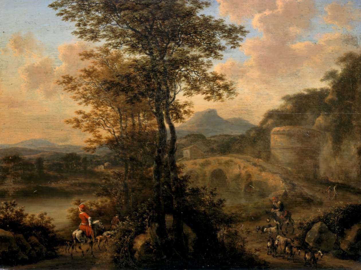 Paisagem do rio italiano com ponte de pedra de Willem de Heusch
