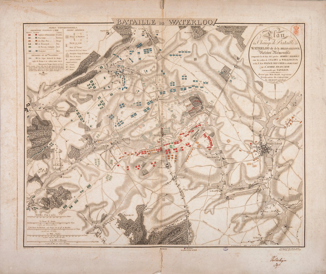 Batalha de Waterloo, mapa do campo de batalha, gravado por Jacowick, 1816 de Willem Benjamin Craan