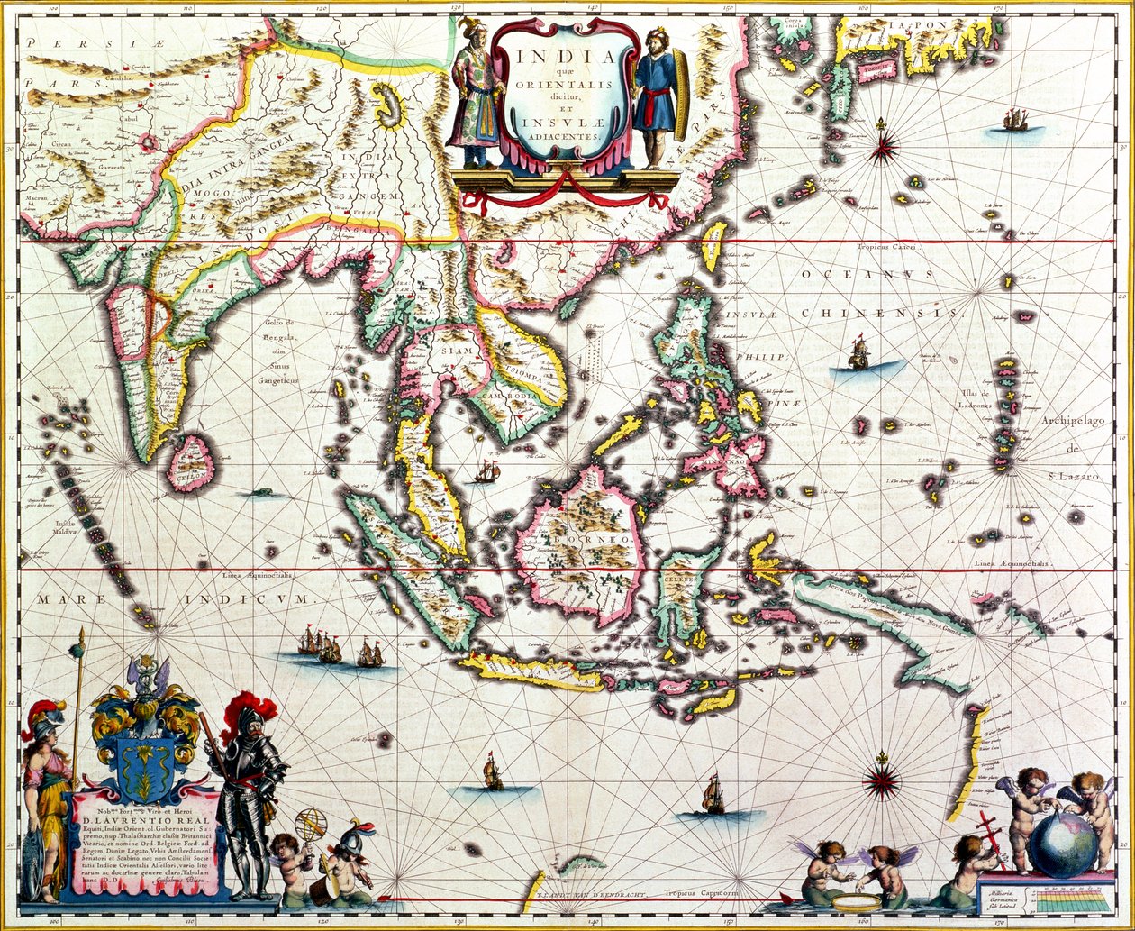 As Índias Orientais, e as ilhas mapa adjacente do Sudeste da Ásia e as Índias Orientais, publicada Amsterdam, c.1635 (gravura mão-colorida) de Willem Janszoon Blaeu