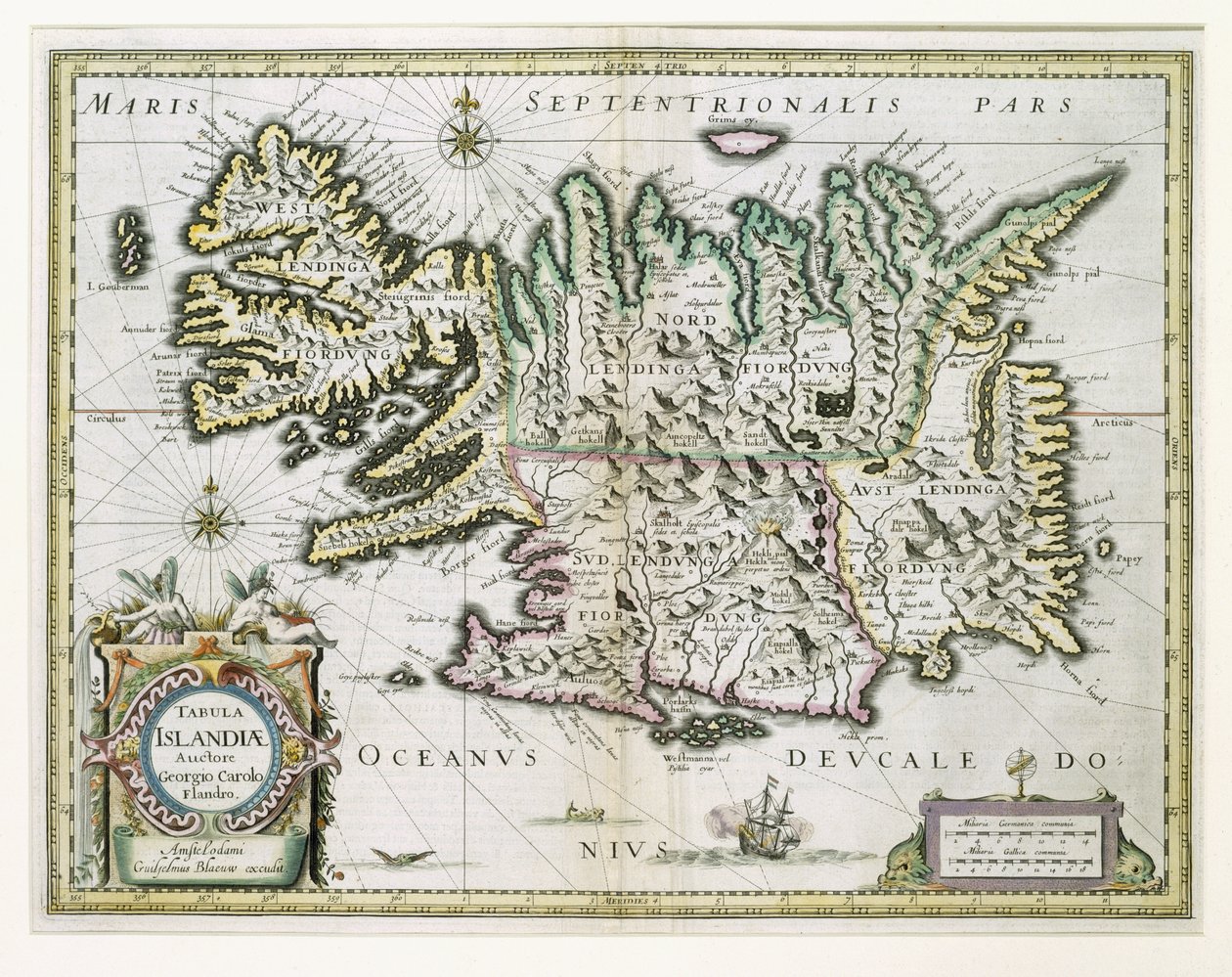 Mapa da Islândia (gravura de cor) de Willem Janszoon Blaeu