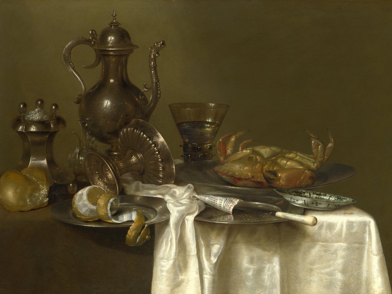 Natureza morta: Embarcações de estanho e prata e um caranguejo, c.1633-37 de Willem Claesz. Heda