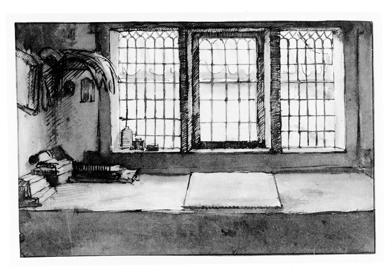 Mesa de trabalho do artista na janela com vista para o rio, c.1650 (caneta, tinta e papel) de Willem Drost