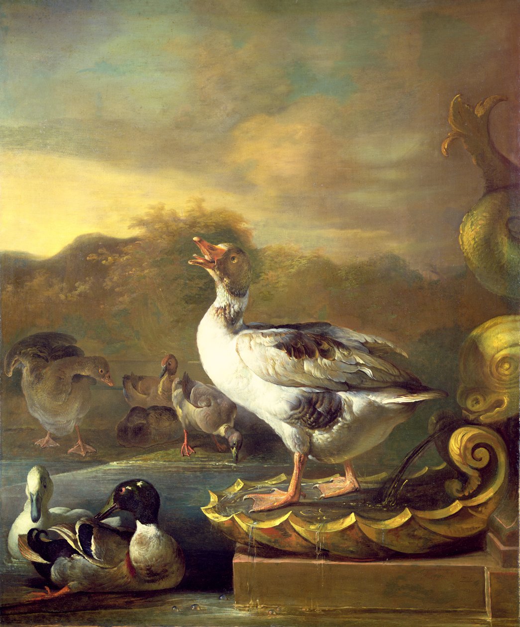 Um ganso e outra ave selvagem por uma fonte de Willem Frederik van Royen