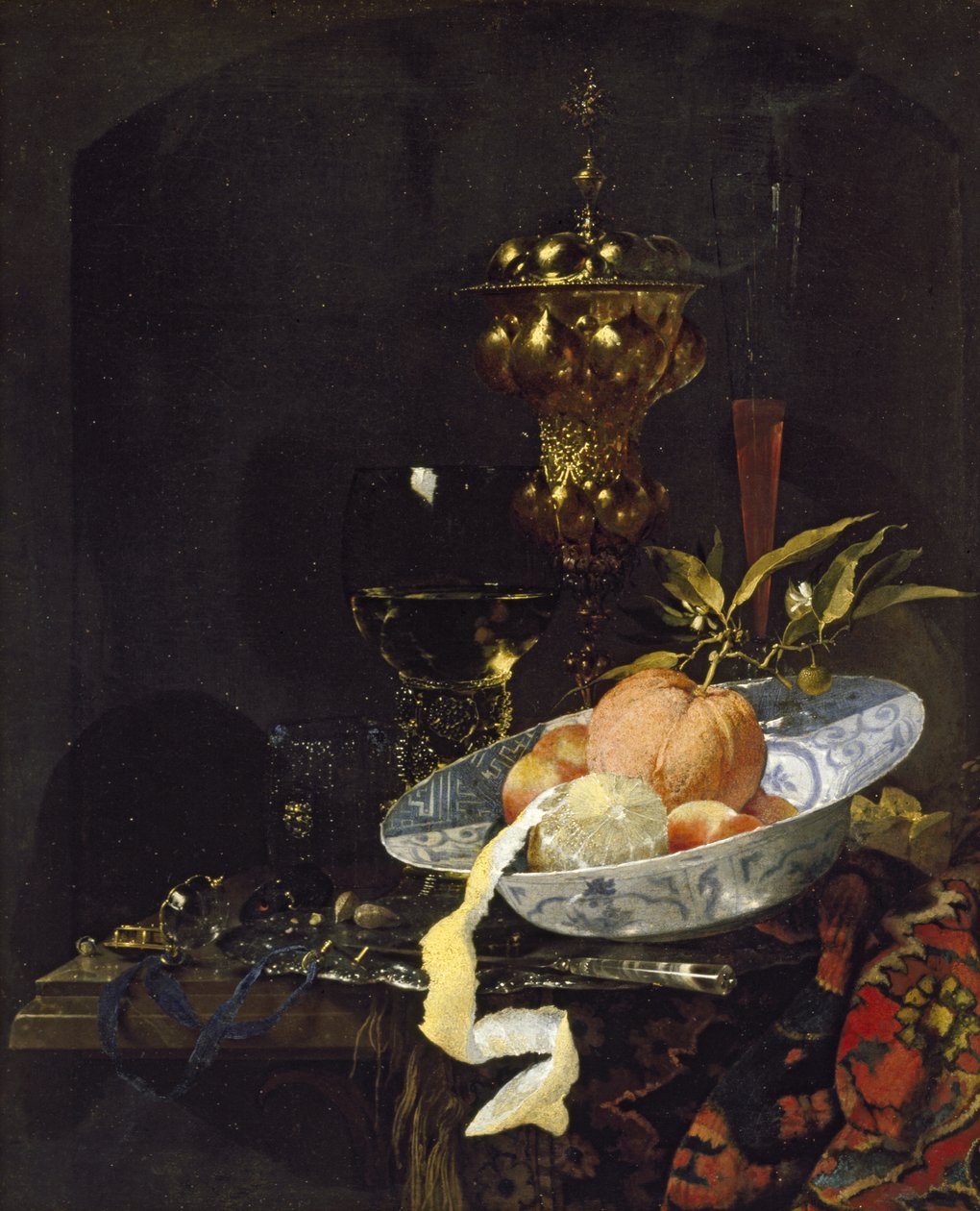 Ainda vida com um tapete oriental, início dos anos 1660 de Willem Kalf