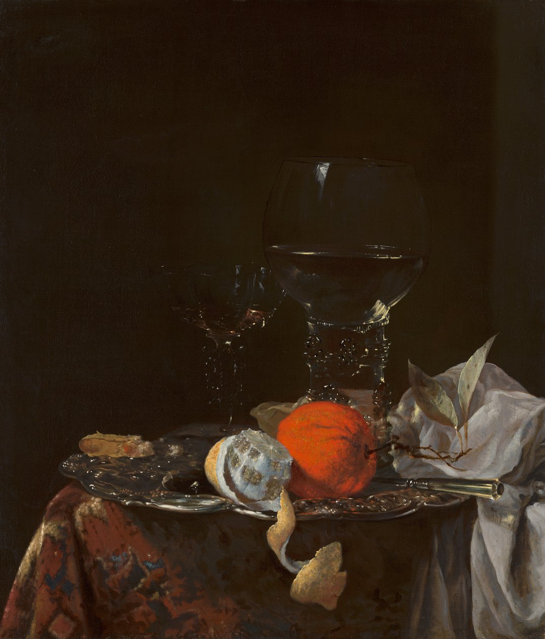 Natureza morta com frutas e copos em escala de prata de Willem Kalf