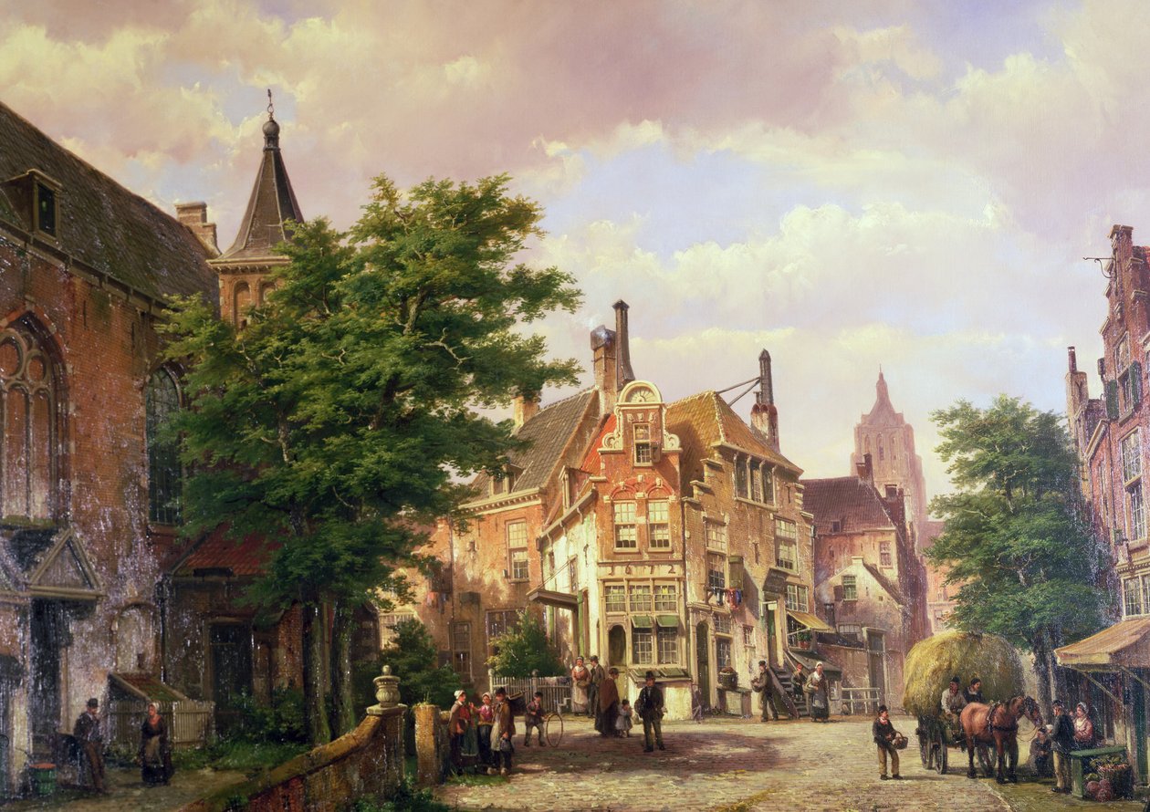 Figuras em uma encruzilhada em Amsterdã (óleo) de Willem Koekkoek