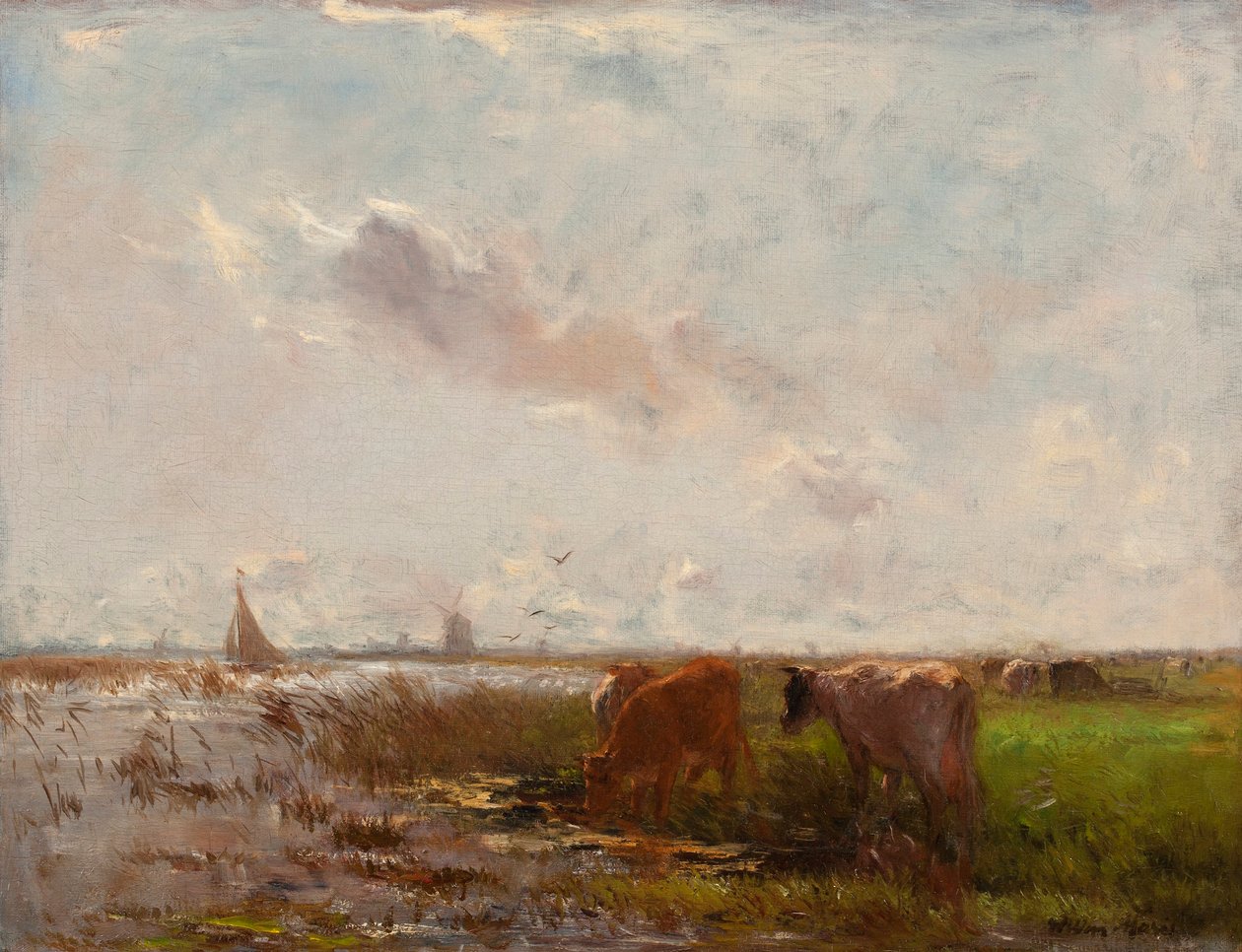 Vacas em uma paisagem de pólder de Willem Maris