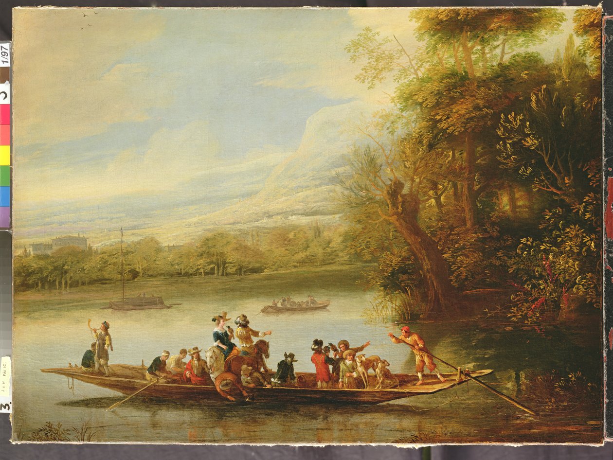 Uma paisagem com uma balsa lotada, atravessando a água em primeiro plano de Willem Schellinks