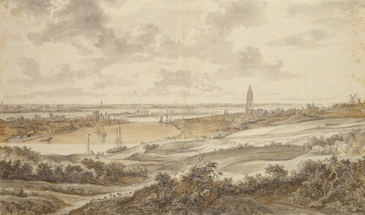 Panorama com a cidade de Rhenen (giz preto com caneta e tinta marrom lavar no papel) de Willem Schellinks