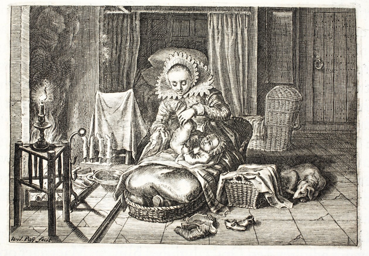 Mudando um bebê, ilustração de &39;Emblema do trabalho de Zinne&39; por Johannes de Brune (1589-1658), Jan Jacobs Schipper, Amsterdã, 1661 de Willem Van de Passe