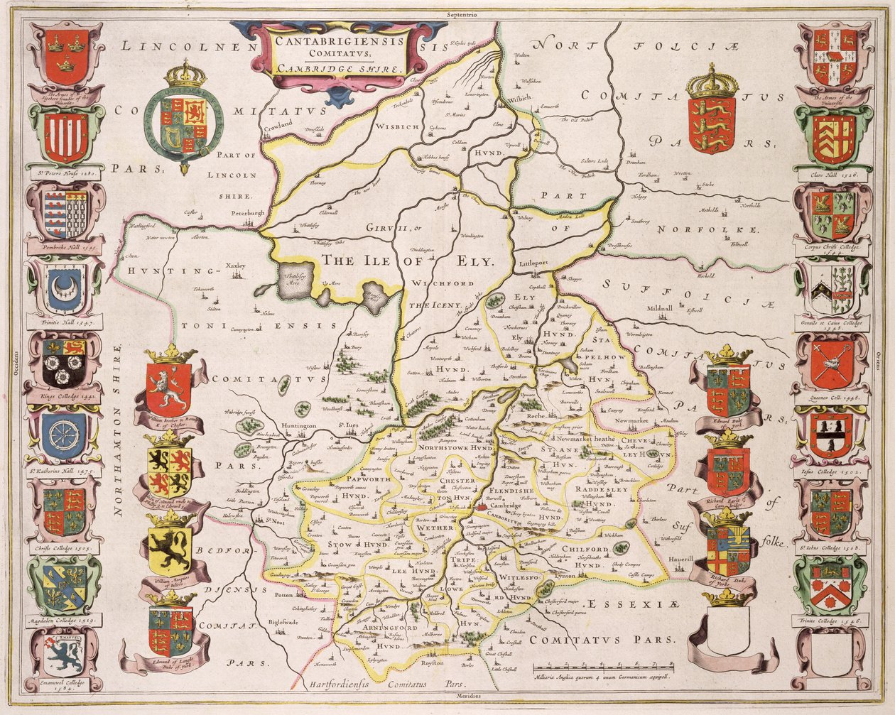 Mapa de Cambridgeshire, publicado em Amsterdã c.1647-48 (gravura colorida à mão) de Joan Blaeu