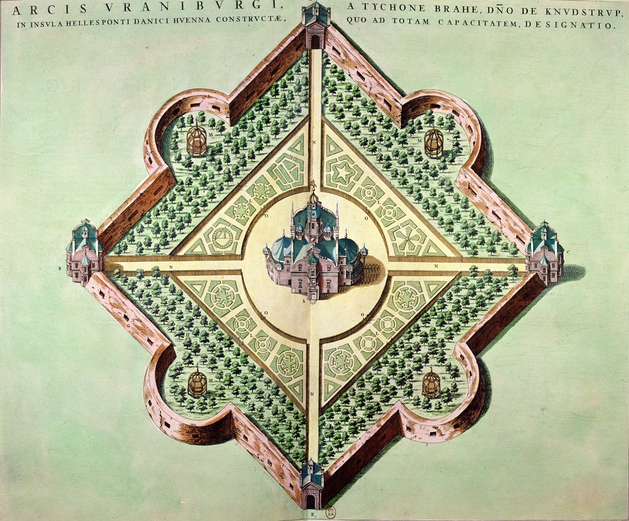 Plano do Castelo e Observatório de Uraniborg, construído c.1584 por Tycho Brahe (1546-1601) na ilha de Hven, Dinamarca, do &39;Le Theatre du Monde&39; ou &39;Nouvel Atlas&39;, publicado em Amsterdã, 1645 de Joan Blaeu