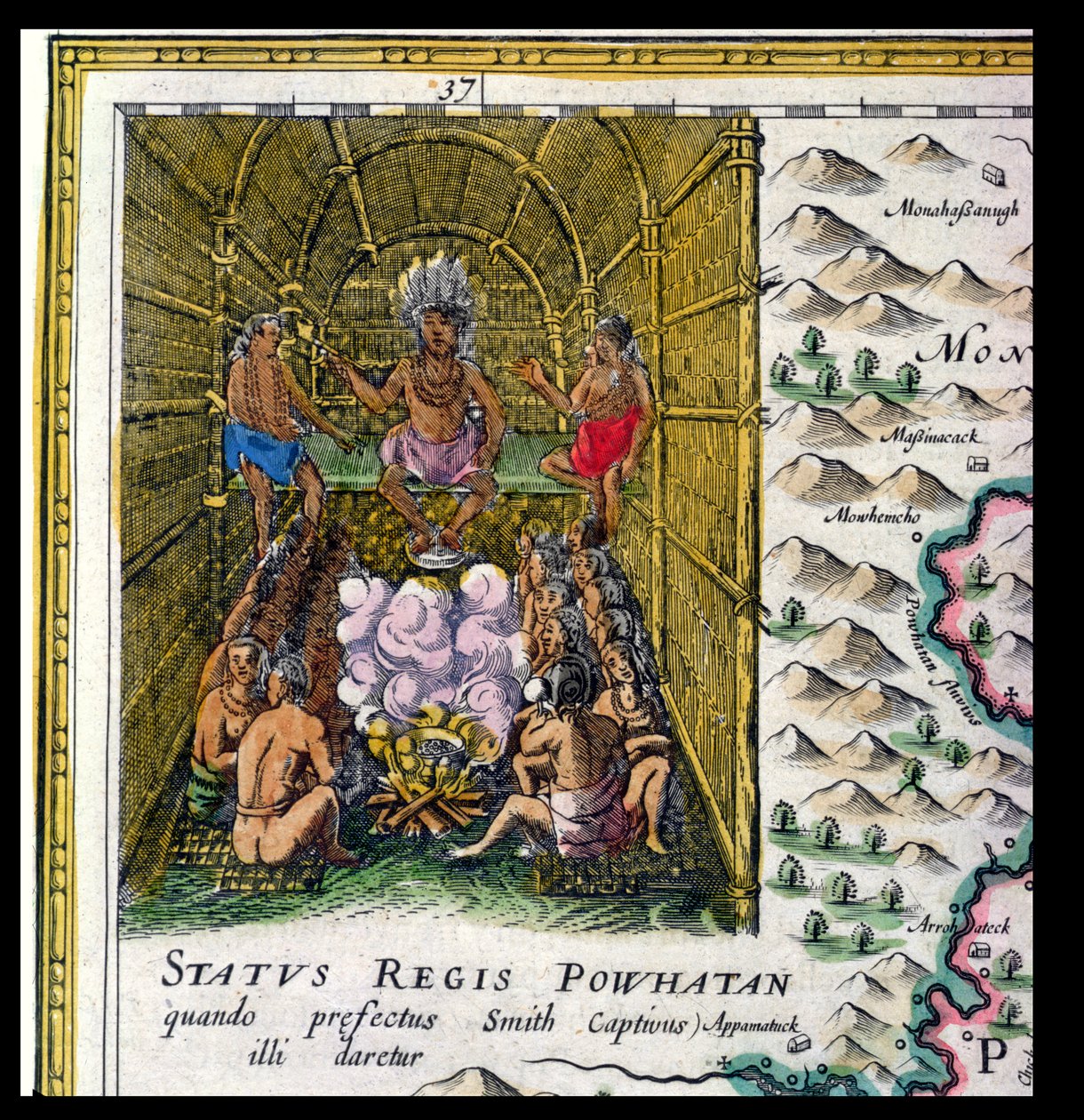 O Chefe da Tribo Powhattan, detalhe da &39;Nova Virginiae Tabula&39;, gravado por Jodocus Hondius (1563-1612) e Dirck Gryp, 1647 de Joan Blaeu