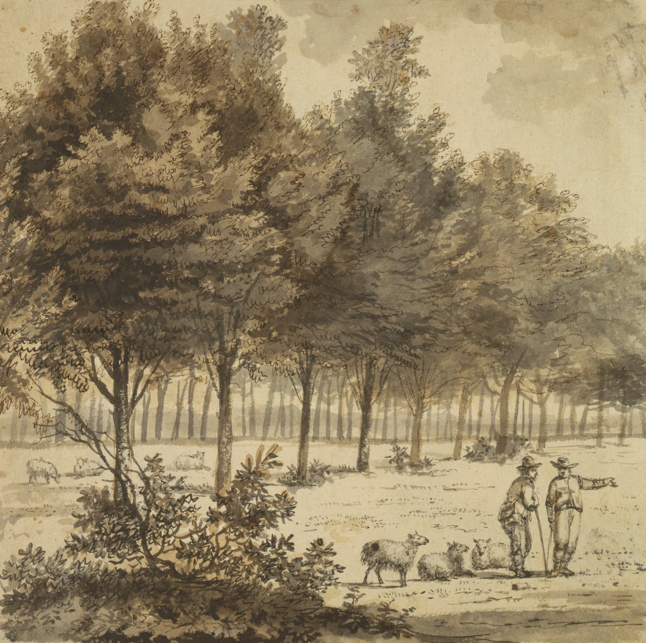 Dois pastores e uma avenida (caneta e pincel e tinta cinza no papel) de Willem de Heusch