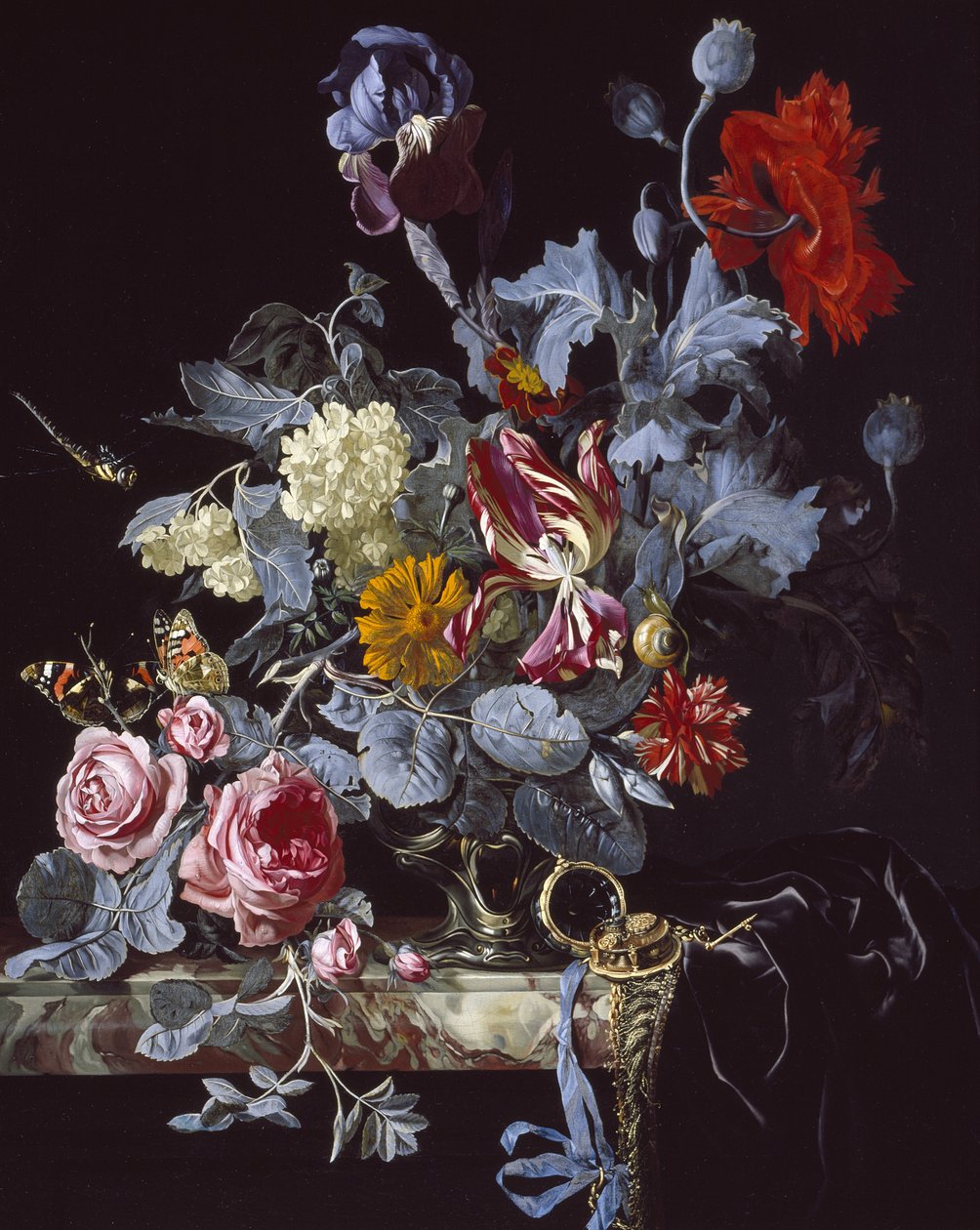 Um vaso de flores com um relógio de Willem van Aelst